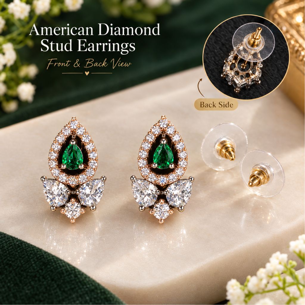 American diamond stud earrings with green pear-cut center stones and clear diamond-like accents, shown front and back on a cream surface with floral props. An inset highlights the back side with clear adhesive backing and gold posts.