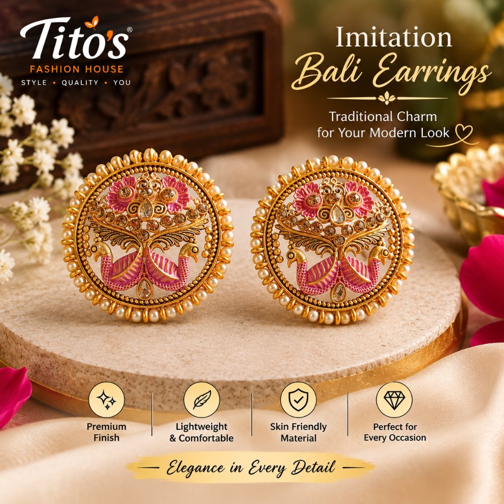 A pair of ornate gold-toned imitation Bali earrings with pink floral inlay and bead borders, displayed on a wooden slice with decorative flowers and text overlays from Tito's Fashion House.