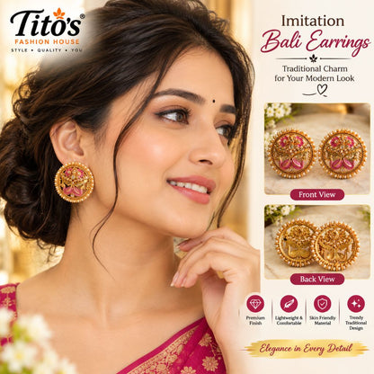 Imitation Bali Earrings with Gold-Tone Pink Peacock Design.