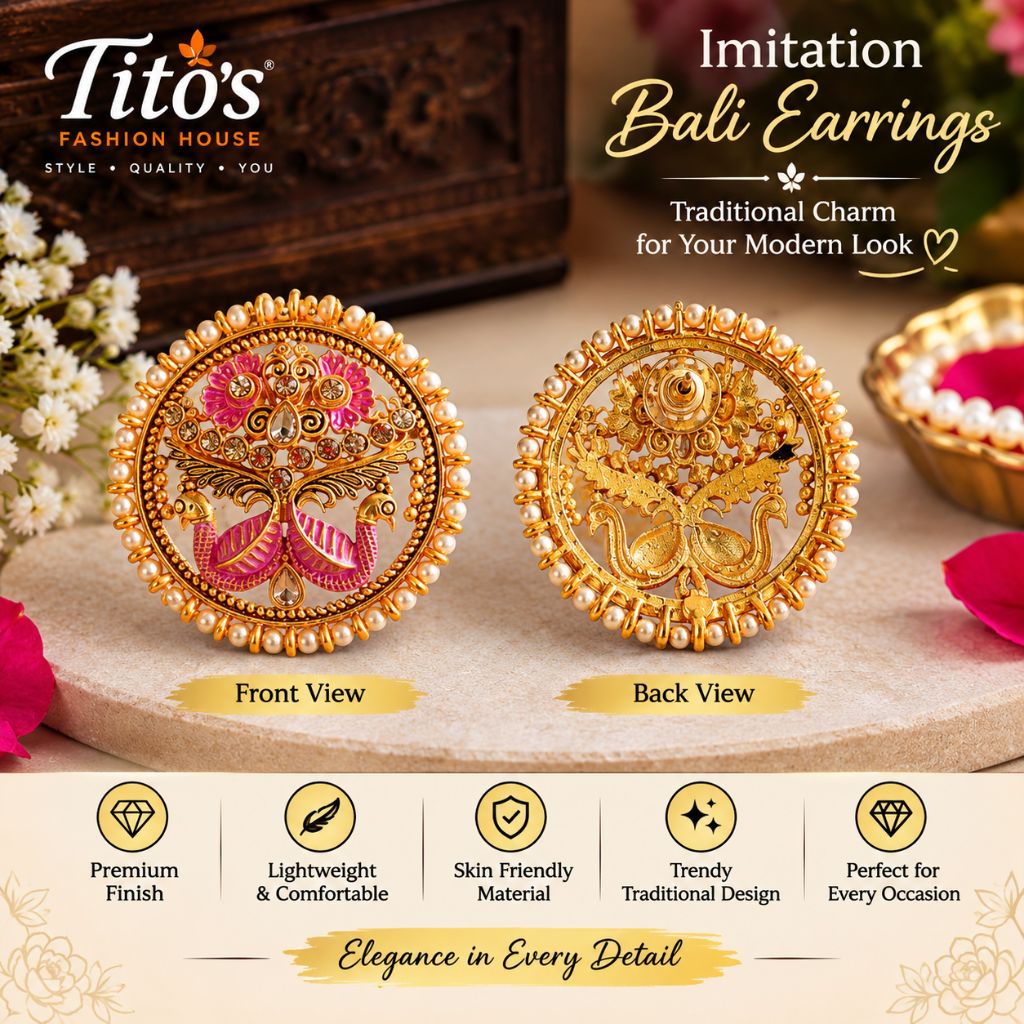 Imitation Bali Earrings with Gold-Tone Pink Peacock Design.