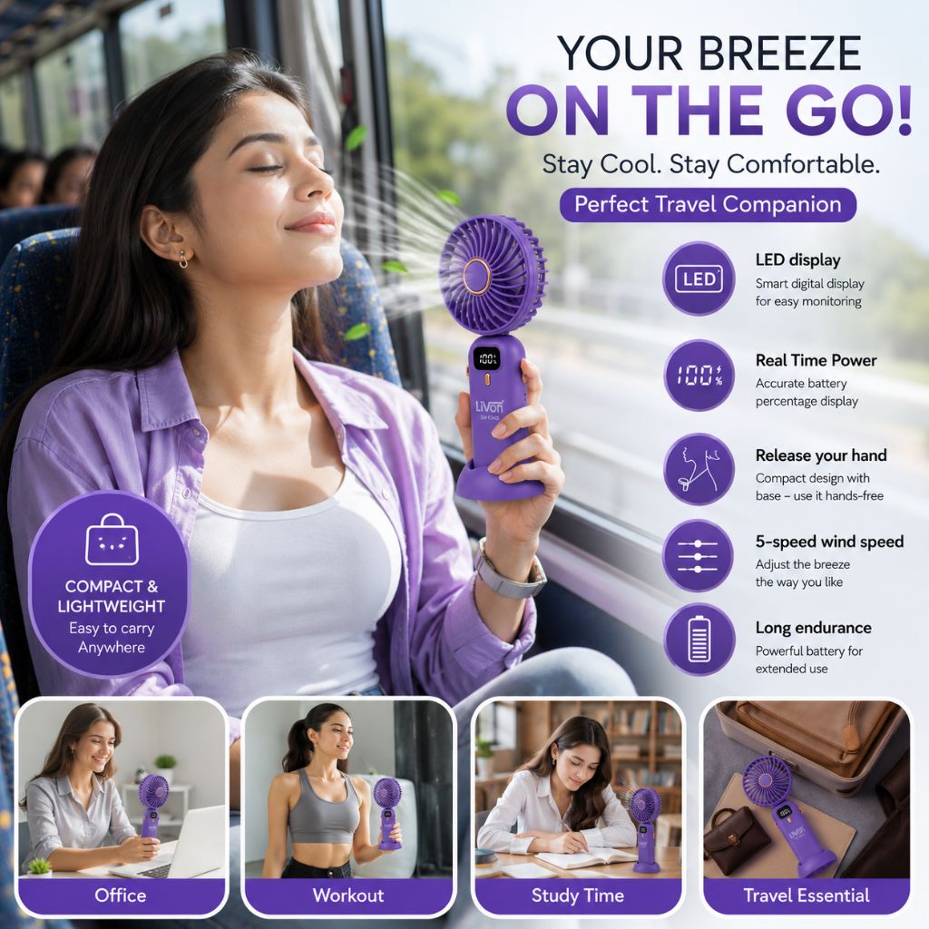 Woman holding a purple handheld fan with features listed on a promotional graphic.
