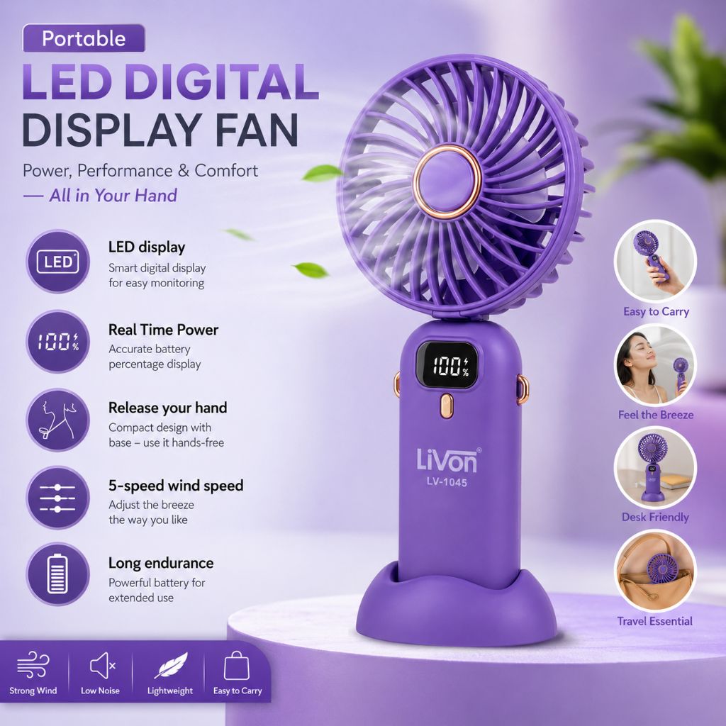 Purple portable LED digital display fan with features listed on a light purple background