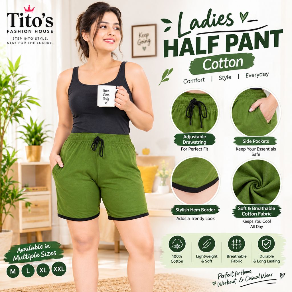 Ladies Half Pant Cotton for Women – Olive Green Soft, Comfortable & Stylish Cotton Shorts