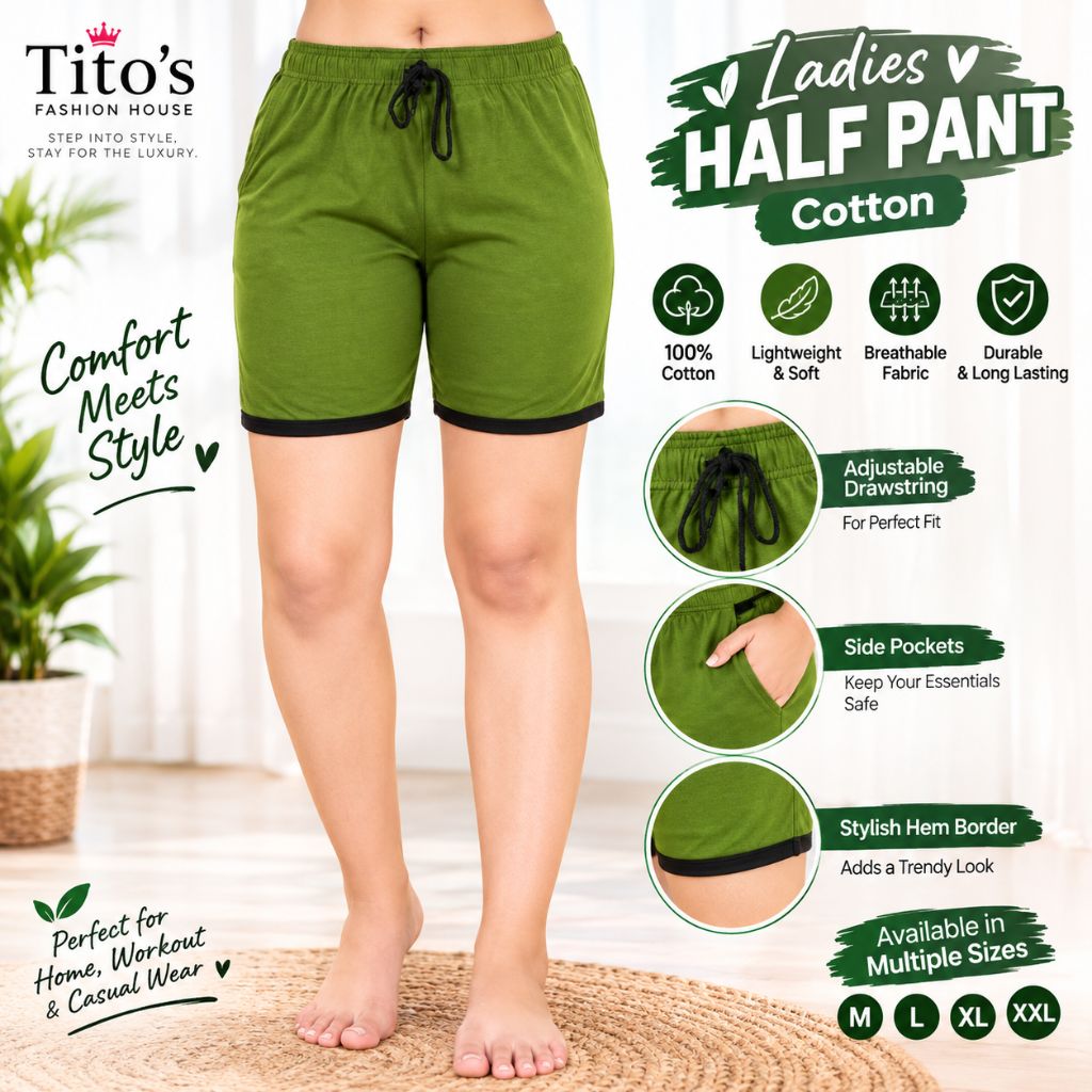 Ladies Half Pant Cotton for Women – Olive Green Soft, Comfortable & Stylish Cotton Shorts