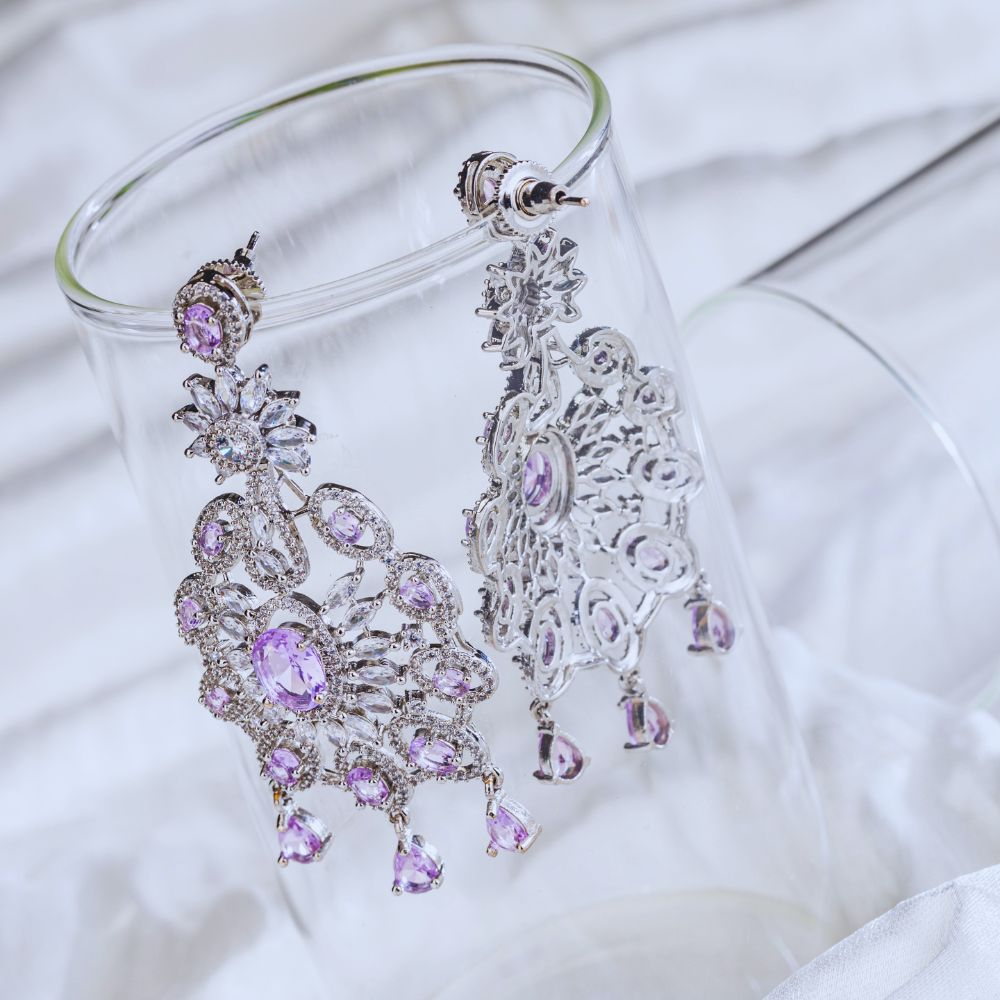 Lavender Bloom American Diamond Statement Earrings