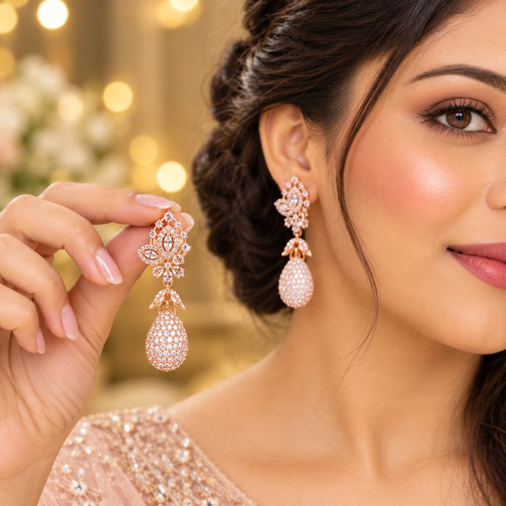 Luxury American Diamond Drop Earrings for Women | Rose Gold Party Wear Earrings