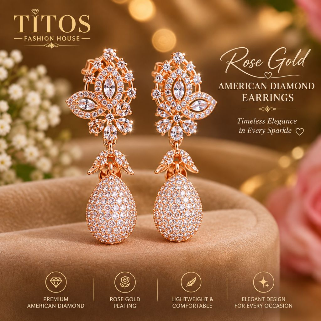 Luxury American Diamond Drop Earrings for Women | Rose Gold Party Wear Earrings