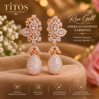 A pair of rose gold American diamond drop earrings displayed on a soft brown fabric surface with a warm blurred floral background. The brand name TITOS FASHION HOUSE is visible in the top left, and text on the right reads 'Rose Gold American Diamond Earrings.