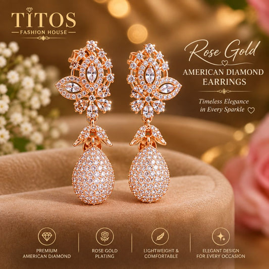 A pair of rose gold American diamond drop earrings displayed on a soft brown fabric surface with a warm blurred floral background. The brand name TITOS FASHION HOUSE is visible in the top left, and text on the right reads 'Rose Gold American Diamond Earrings.