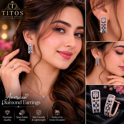Woman wearing American Diamond Earrings with close-up details and TITOS Fashion House branding.