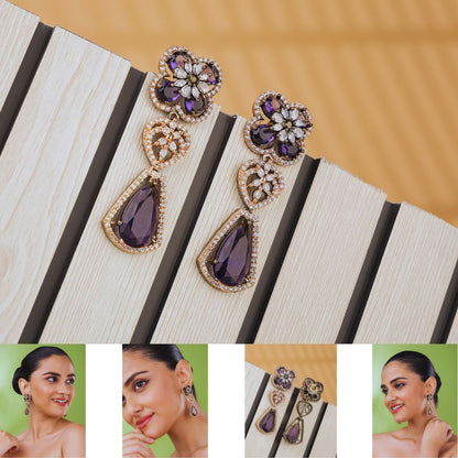 Pair of purple gemstone earrings on a wooden surface with close-up views of a woman wearing them.