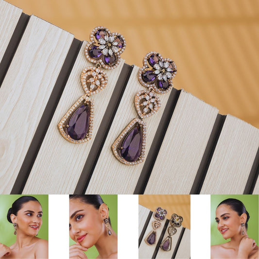 Pair of purple gemstone earrings on a wooden surface with close-up views of a woman wearing them.