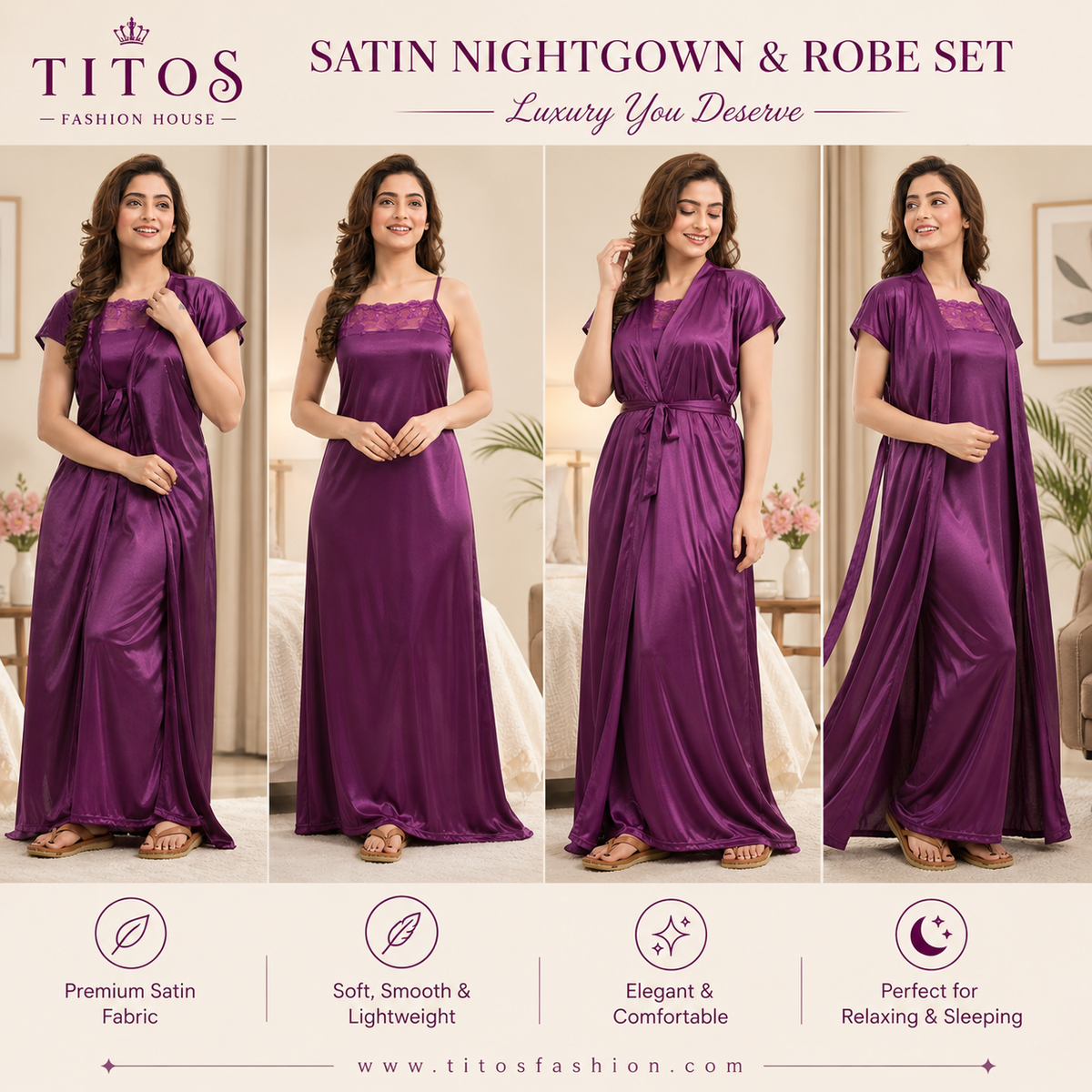 Luxury Satin Nighty & Robe Set for Women – Purple | Soft & Elegant Sleepwear