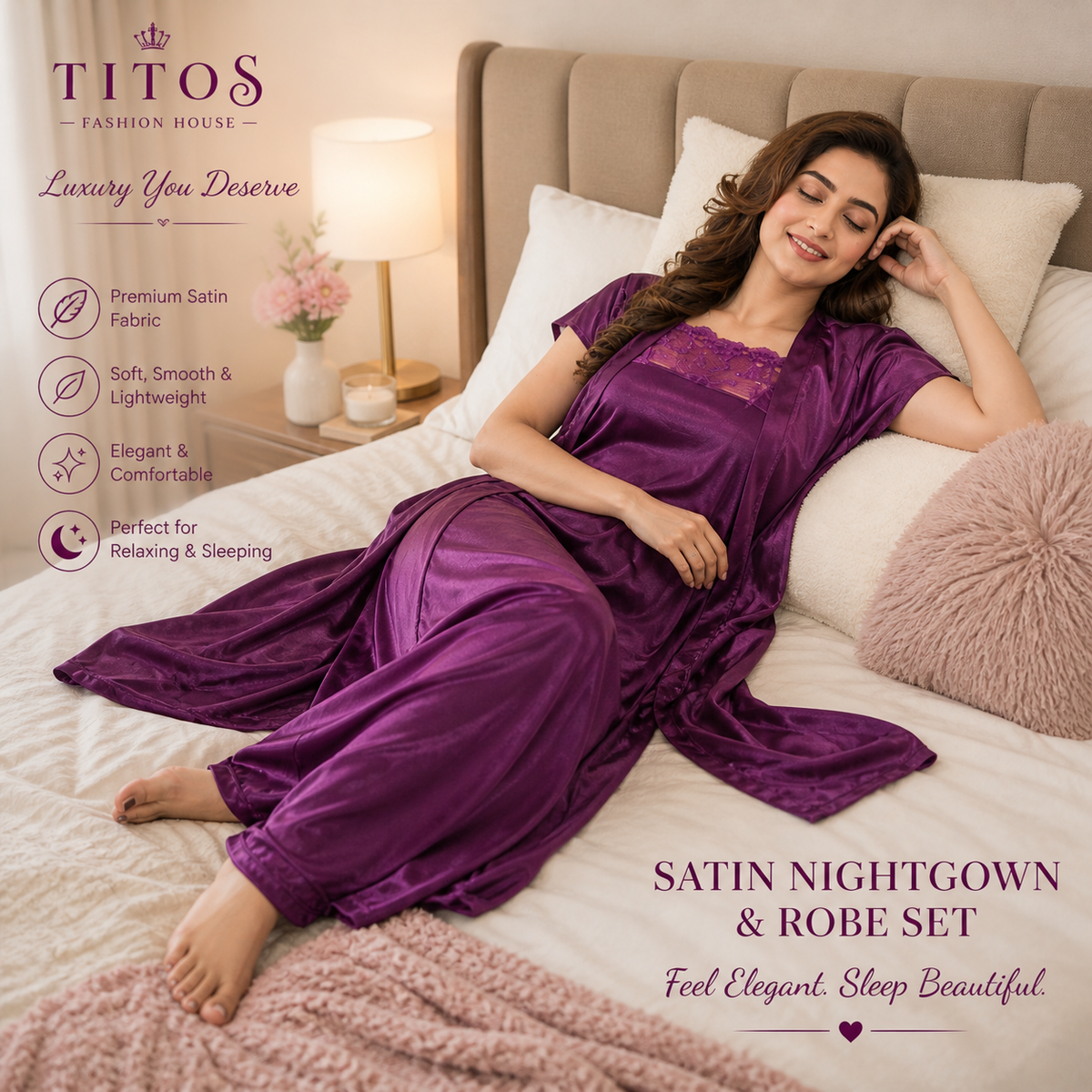 Luxury Satin Nighty & Robe Set for Women – Purple | Soft & Elegant Sleepwear