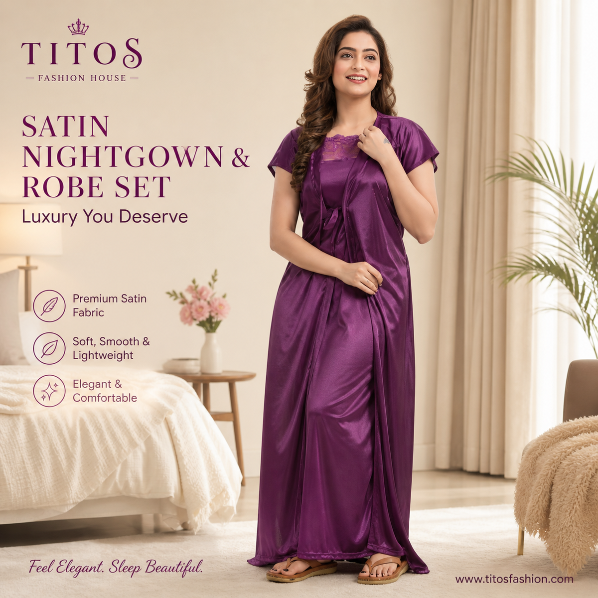 Luxury Satin Nighty & Robe Set for Women – Purple | Soft & Elegant Sleepwear