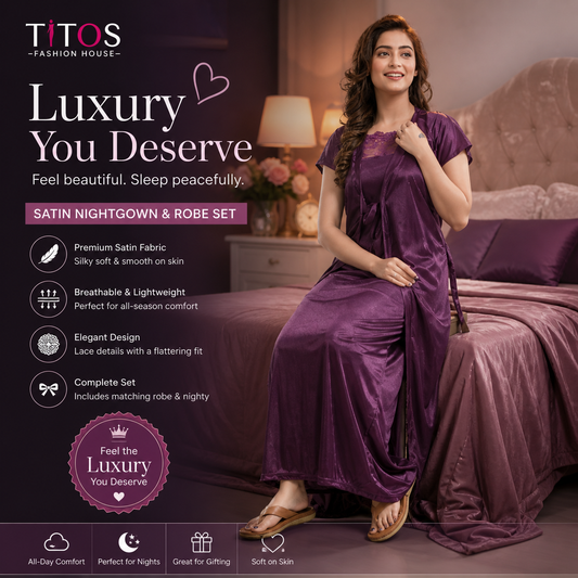 Woman in a purple satin nightgown sitting on a bed with product details displayed.