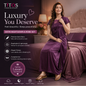 Woman in a purple satin nightgown sitting on a bed with product details displayed.