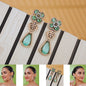 Ornate earrings with green gemstones on a striped background, with models wearing the earrings.