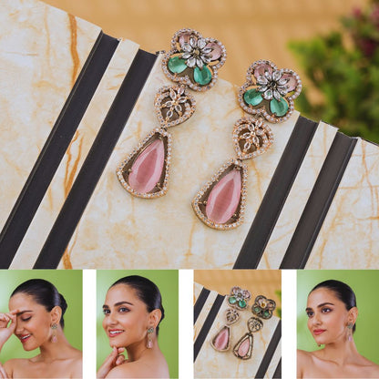 Ornate earrings with pink and green stones on a marble surface, with a model wearing the earrings.