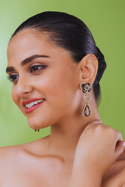 Luxury Blue Crystal Flower American Diamond Drop Earrings for Women & Girls