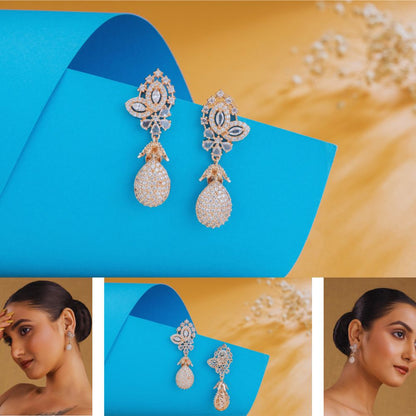 Luxury American Diamond Drop Earrings for Women | Rose Gold Party Wear Earrings
