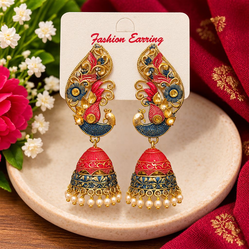 A pair of ornate gold-tone and red-blue jhumka earrings displayed on a white card labeled 'Fashion Earring,' set on a beige dish with flowers and a red patterned fabric in the background.