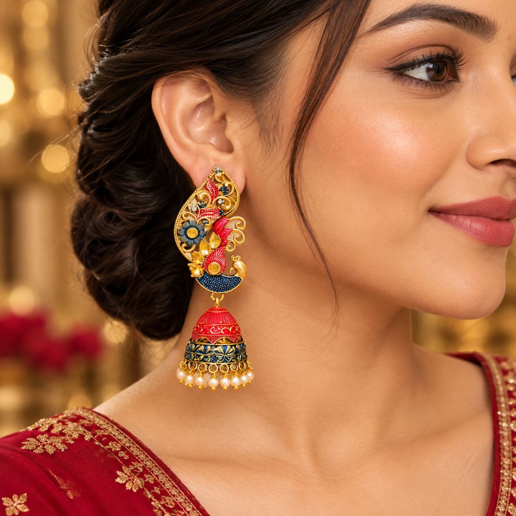 A close-up lifestyle shot of a woman wearing a traditional Indian jhumka earring. The earring features a gold-plated base with red, green, and blue enamel details, topped with a red and gold peacock motif, and hangs from a pearl chain.
