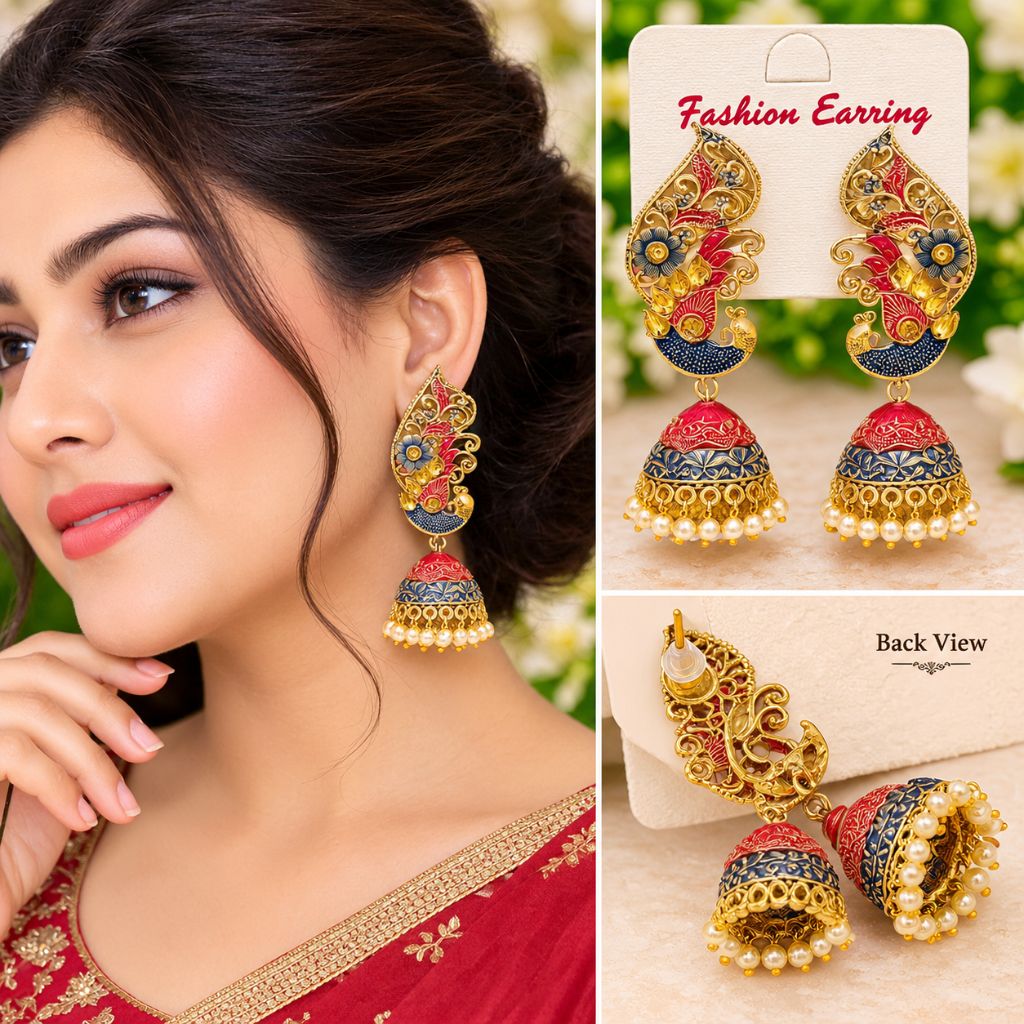 A collage showing a woman wearing ornate gold-toned jhumka earrings with red, blue, and yellow floral detailing, plus two product views on display cards labeled 'Fashion Earring' and 'Back View'.