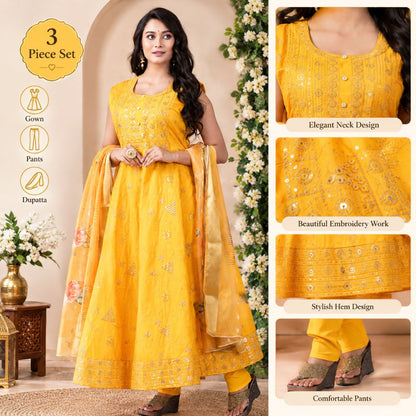 A woman models a three-piece mustard yellow embroidered Anarkali suit set, featuring a sleeveless kurta, matching pants, and a dupatta. The image includes close-up detail panels on the right highlighting the neckline, embroidery, hem, and comfortable pants fit, with a '3 Piece Set' badge on the left.