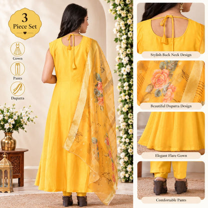 Yellow 3-piece salwar kameez set shown on a model from the back, featuring a sleeveless kurta, matching pants, and a floral dupatta. The composite image includes close-up feature callouts of the back neck design, dupatta print, flare silhouette, and comfortable pants.