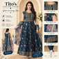 A woman modeling a navy blue 3-piece Anarkali suit set with gold geometric embroidery and a floral dupatta, shown in a promotional layout with front, back, and detail close-ups from Tito's Fashion House.