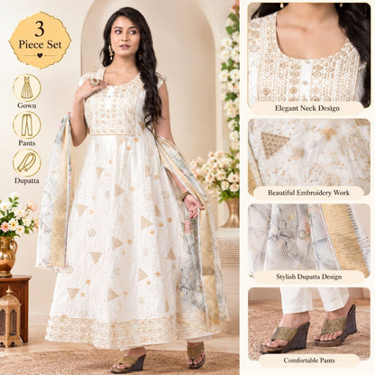 A woman models a three-piece Indian ethnic outfit consisting of a white printed anarkali gown, matching pants, and a dupatta. The image includes a main model shot on the left and four detail inset images on the right highlighting the neckline, embroidery, dupatta design, and comfortable pants.