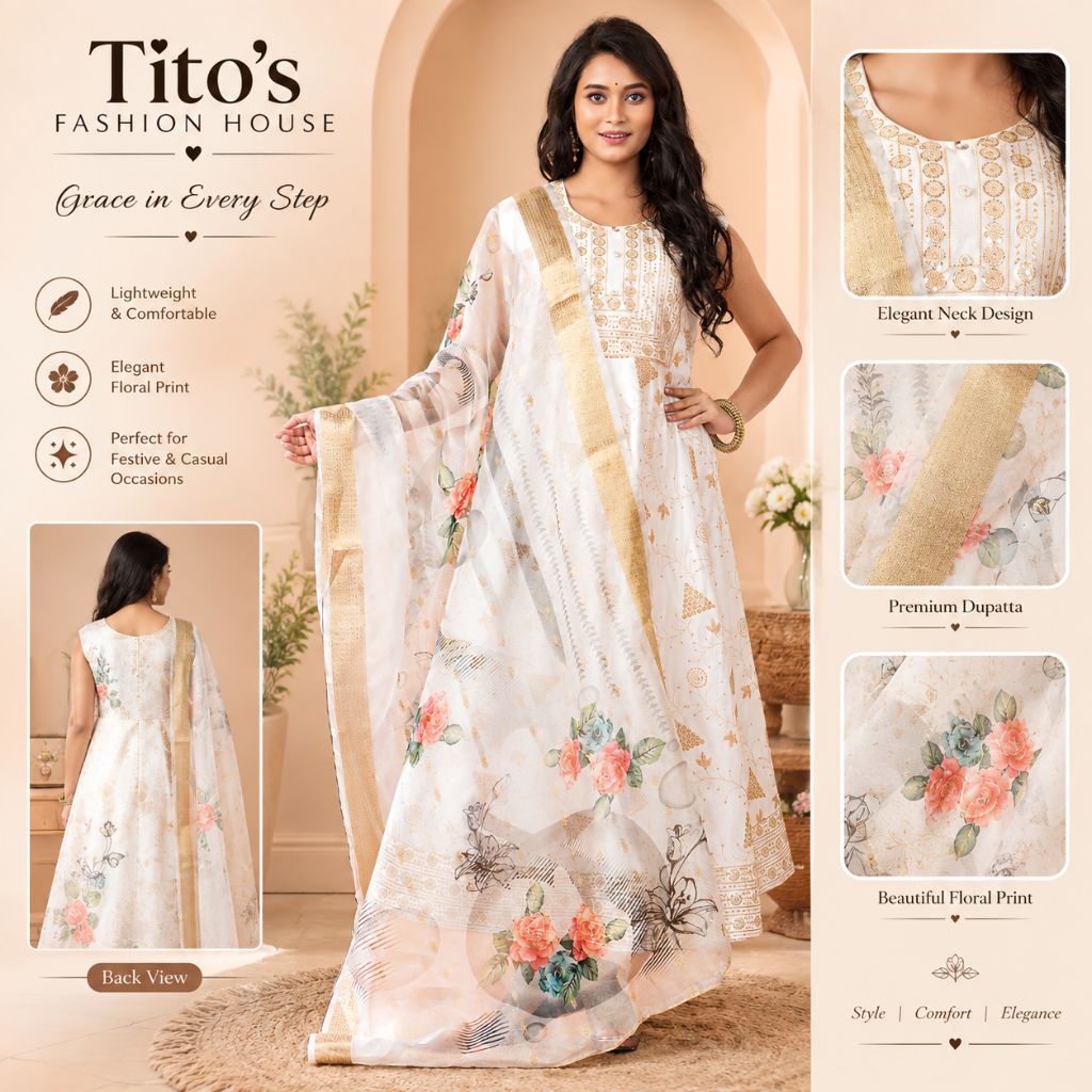 Off-White Designer Anarkali Gown for Women with Dupatta – Ethnic Wear | Tito’s Fashion House