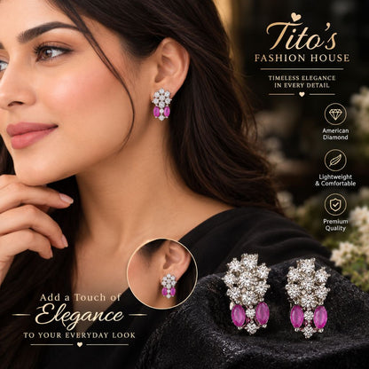 Stud earrings for women featuring pink American diamond floral crystal drop design. A woman wearing a pair of silver-toned stud earrings with pink gemstones and clear crystal-like floral clusters. The image is a promotional lifestyle shot with text reading 'Tito's Fashion House' and feature callouts, plus a close-up inset of the earring and a pair displayed on fabric.