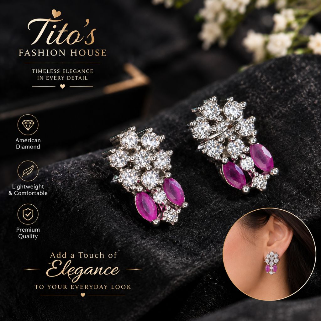 A pair of silver-toned drop earrings with clear stones and pink gemstones, displayed on a black textured surface with promotional text and a small inset showing the earring worn on an ear.
