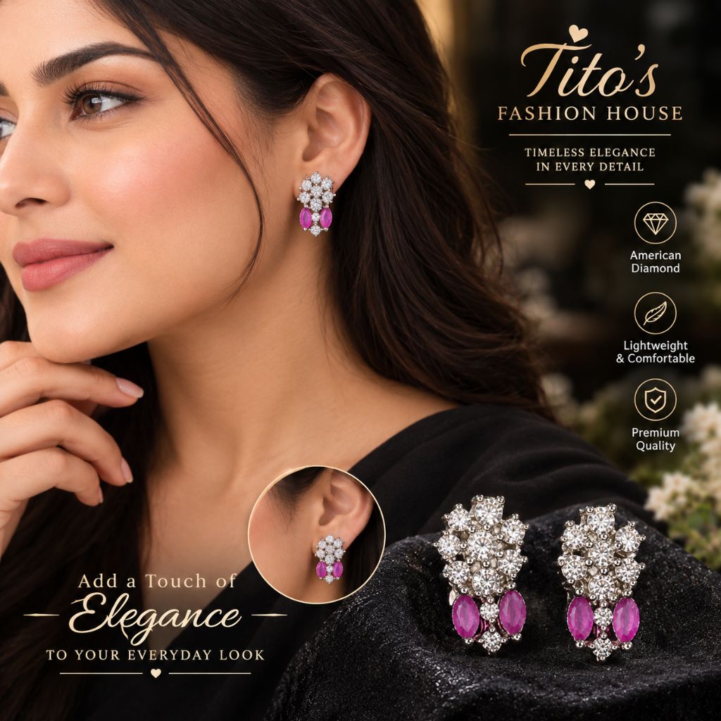 A woman wearing a pair of silver-toned stud earrings with pink gemstones and clear crystal-like floral clusters. The image is a promotional lifestyle shot with text reading 'Tito's Fashion House' and feature callouts, plus a close-up inset of the earring and a pair displayed on fabric.
