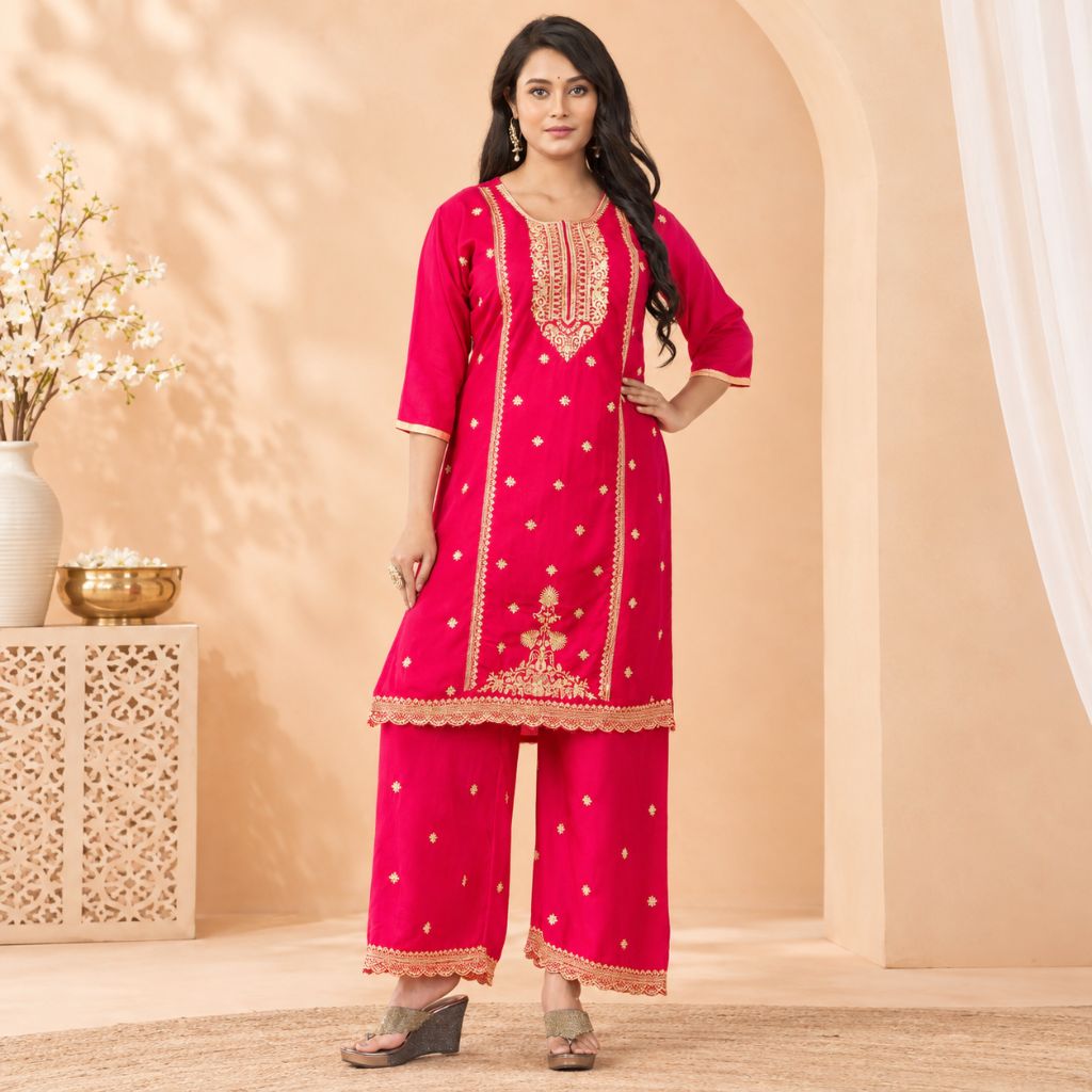 Pink Embroidered Salwar Suit Set for Women | Gold Work Kurta Palazzo Set | Ethnic Indian Festive Wear