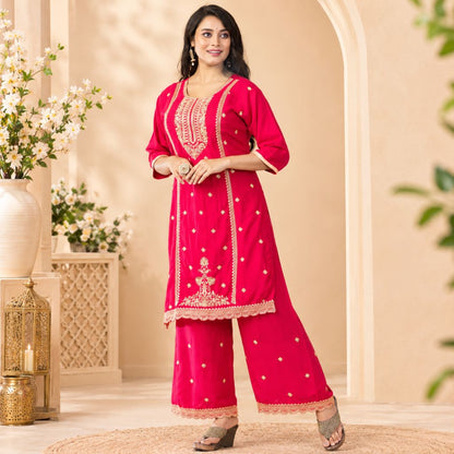 Pink Embroidered Salwar Suit Set for Women | Gold Work Kurta Palazzo Set | Ethnic Indian Festive Wear