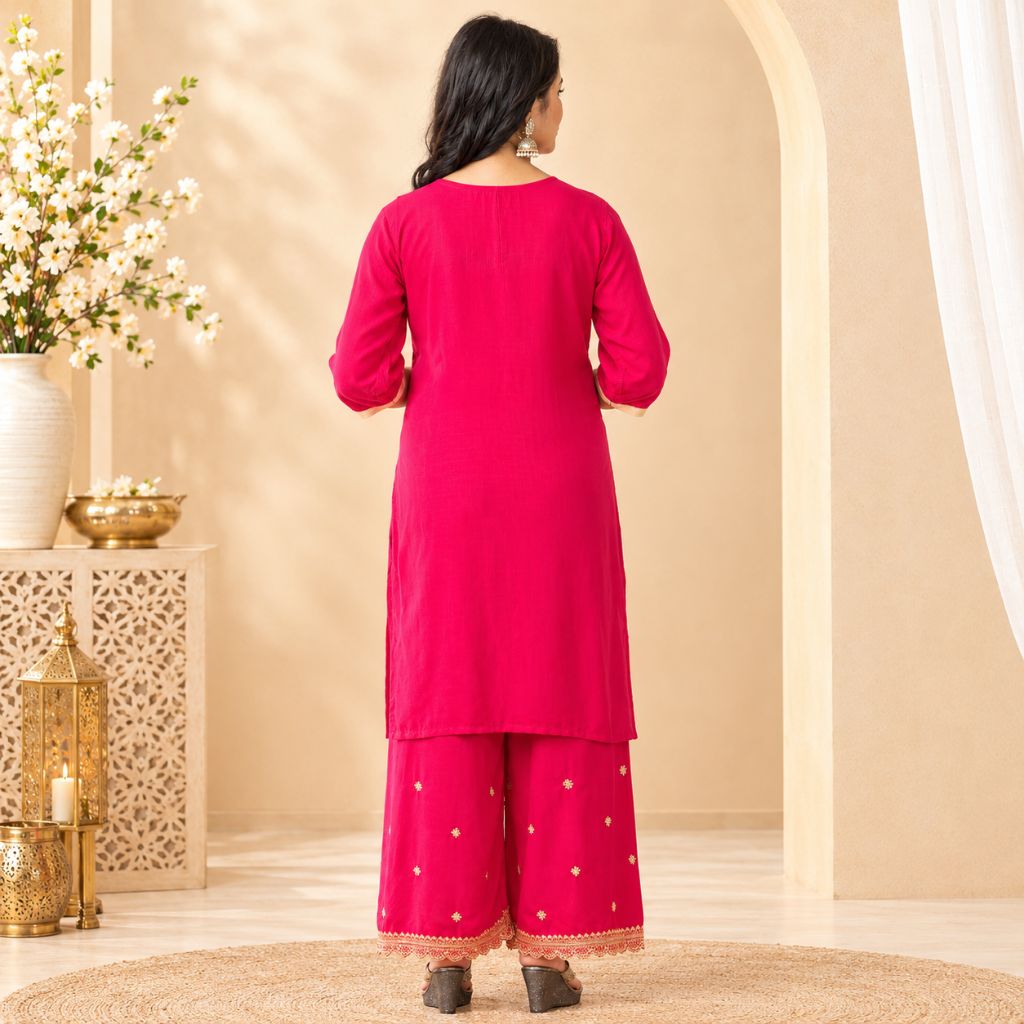 Pink Embroidered Salwar Suit Set for Women | Gold Work Kurta Palazzo Set | Ethnic Indian Festive Wear