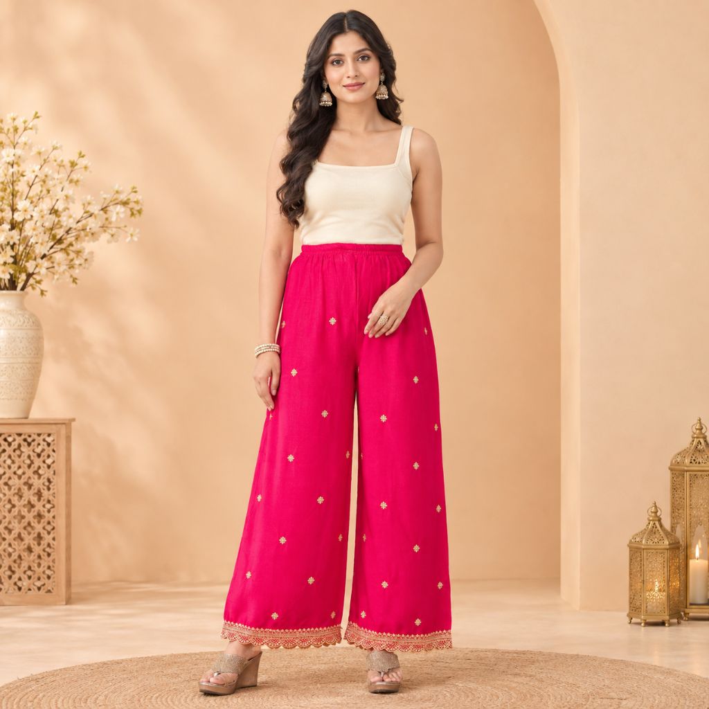 Pink Embroidered Salwar Suit Set for Women | Gold Work Kurta Palazzo Set | Ethnic Indian Festive Wear