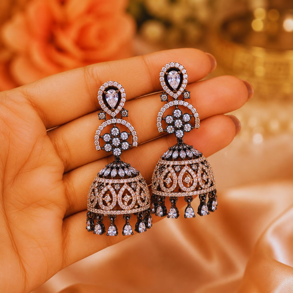 Premium American Diamond Black Rose Jhumka Earrings