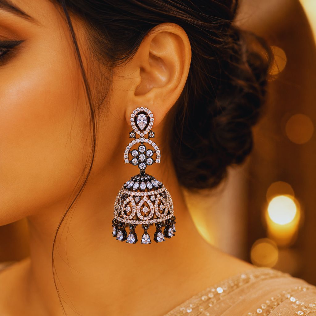 Premium American Diamond Black Rose Jhumka Earrings