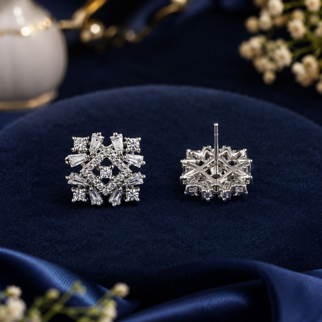Premium American Diamond Stud Earrings for Women & Girls | Elegant Party Wear CZ Earrings | Silver Finish