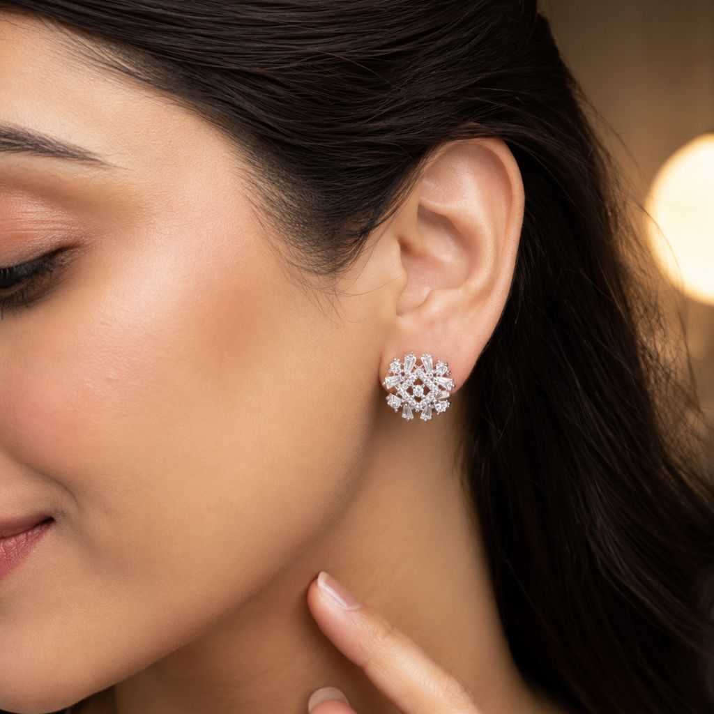 Premium American Diamond Stud Earrings for Women & Girls | Elegant Party Wear CZ Earrings | Silver Finish