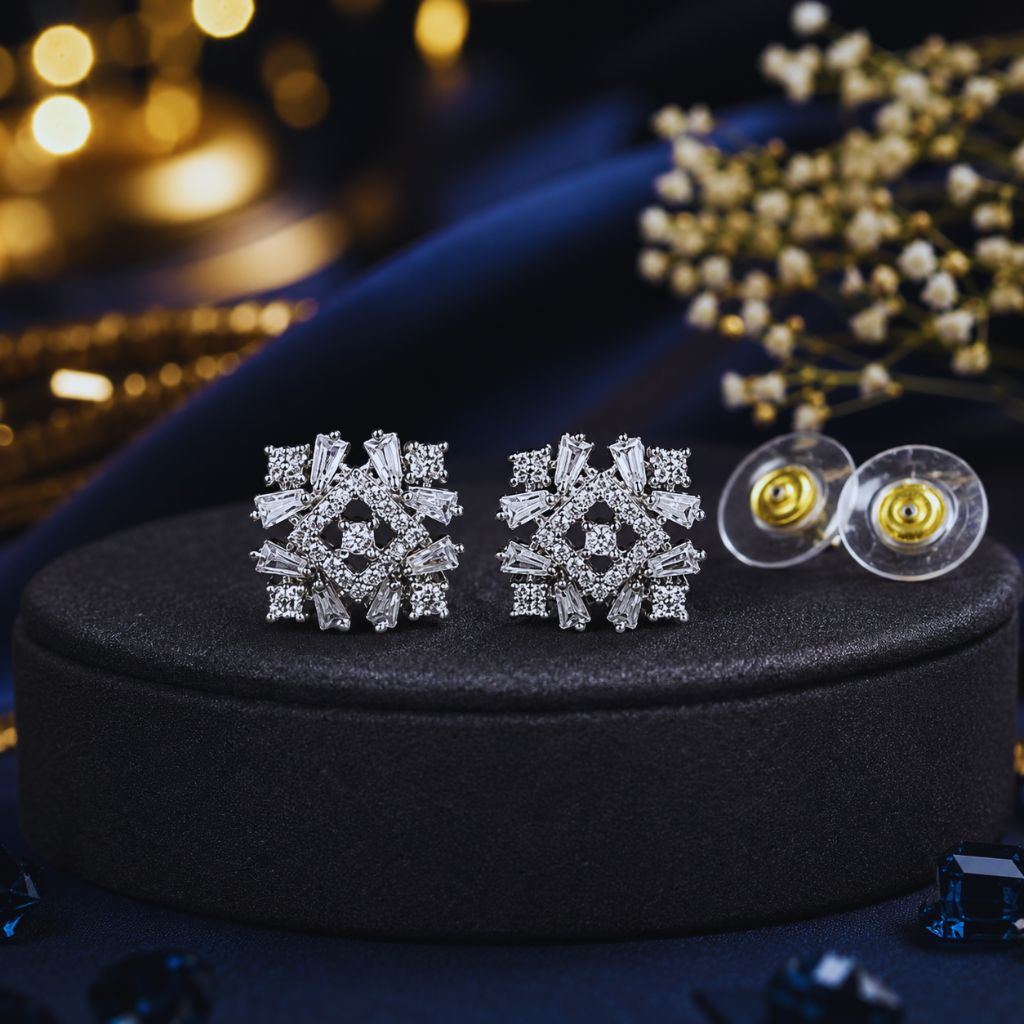 Premium American Diamond Stud Earrings for Women & Girls | Elegant Party Wear CZ Earrings | Silver Finish