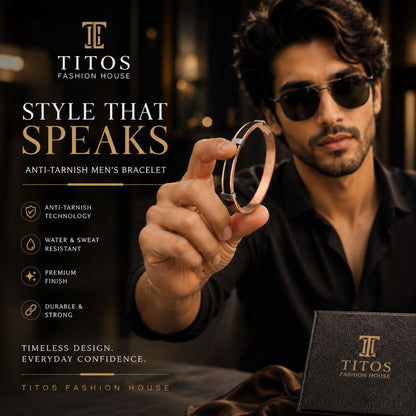 Man holding a bracelet with TITOS Fashion House branding and product features listed.