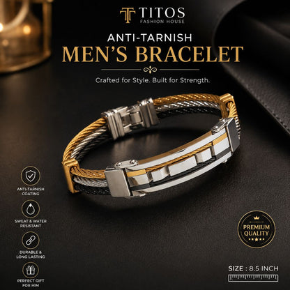 Men's bracelet with anti-tarnish coating on a dark surface, featuring Titos Fashion House branding.