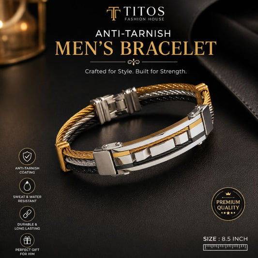 Men's bracelet with anti-tarnish coating on a dark surface, featuring Titos Fashion House branding.
