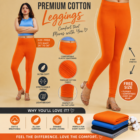 Orange leggings with promotional text and features on a beige background
