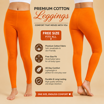 Orange leggings with product features on a beige background